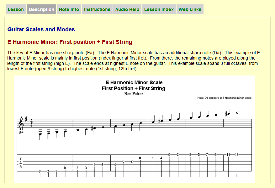Lesson Description tab with music notation along with tablature